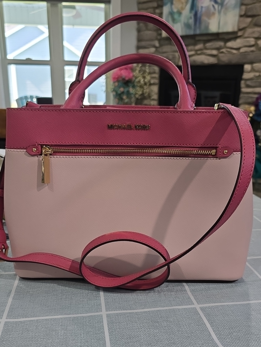 Michael Kors Two-Tone Pink Leather Satchel with Gold Hardware
